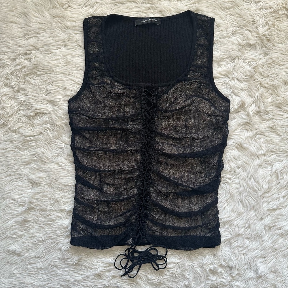 Bruno Manetti Top Sleeveless Tank Ruched Lace Up Front Black IT 44 Sz M